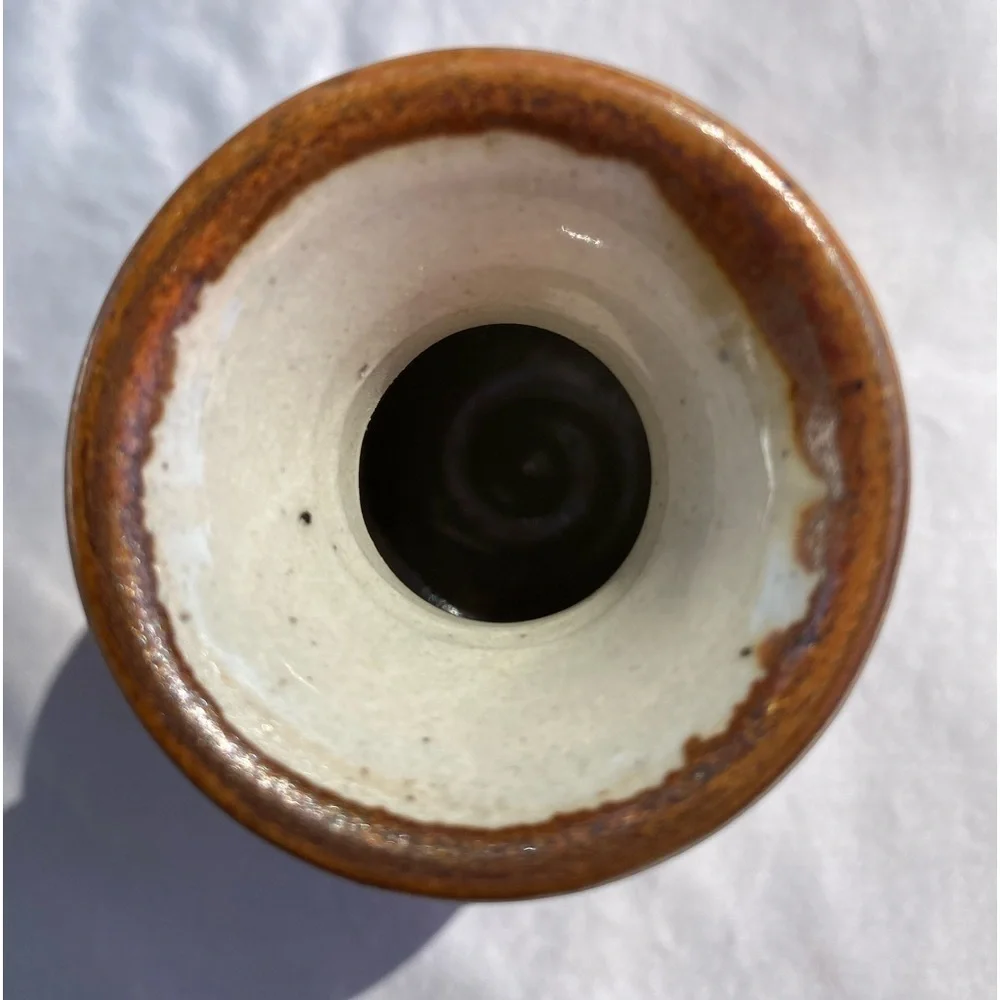 Stoneware bud vase cream blue brown white signed